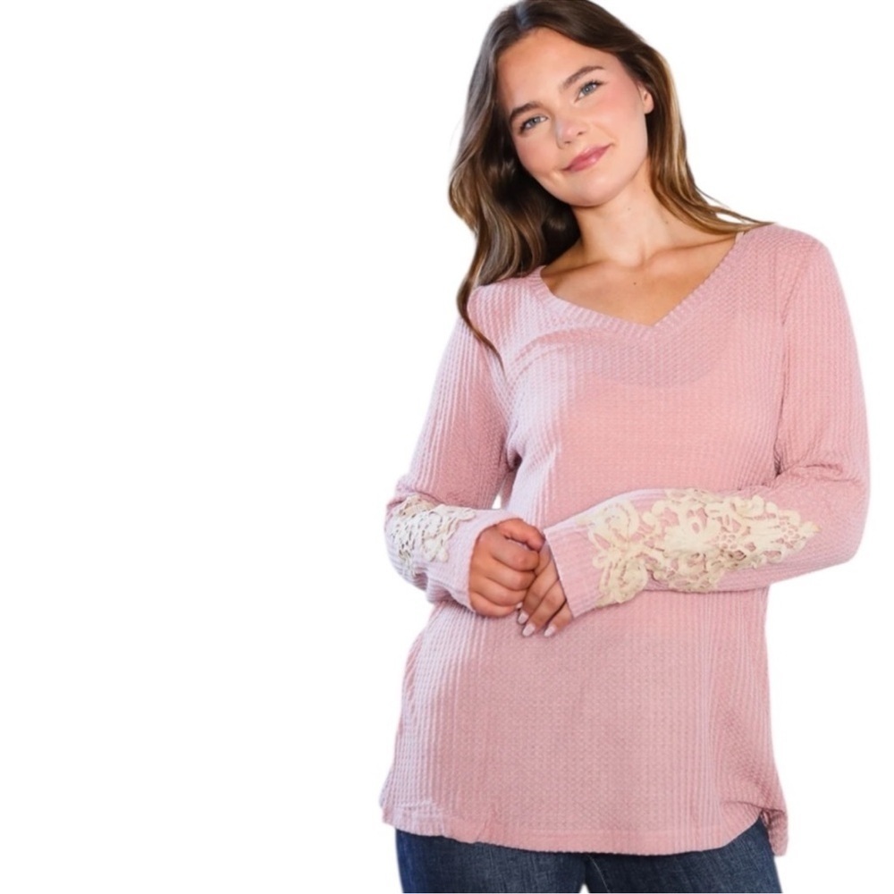 AND THE WHY? Pink Long Sleeve Thermal Top with Antique Lace Accent on the Sleeve - Picture 3 of 3
